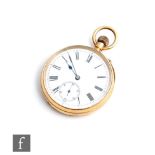 A late 19th Century 18ct crown wind, open faced fob watch, Roman numerals to a white enamelled dial,
