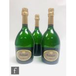 Three bottles of Ruinart Champagne, 750ml, one lacking label. (3)