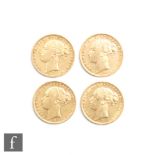 Victoria - Four bun head full sovereigns, one dated 1873, two dated 1876 and one 1880, all Sydney