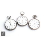 A hallmarked silver open faced crown wind pocket watch, Roman numerals to a white enamelled dial,