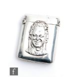 A Victorian hallmarked silver rectangular vesta case with embossed portrait of Charley's Aunt to