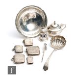 A small parcel lot of assorted silver items to include five vesta cases, a small pedestal bowl, a