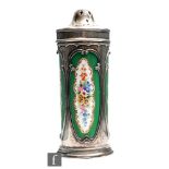 A hallmarked silver sugar castor with pierced side panels encompassing a Royal Worcester sleeve
