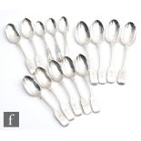 Six hallmarked silver fiddle pattern dessert spoons Exeter 1844, with four serving spoons and