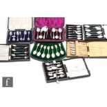 Eight cased sets of six hallmarked silver tea spoons to include rat tail, enamelled and old