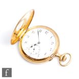 An early 20th Century 18ct hallmarked, crown wind half hunter pocket watch, Arabic numerals to a