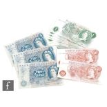 Elizabeth II - Series C portrait issue banknotes, three five pound notes, seven one pound notes