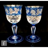 A near pair of early 20th Century continental wine glasses, the ogee bowl decorated with a band of