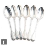 A set of six hallmarked silver fiddle and thread pattern table spoons, engraved initials to