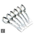 A set of six hallmarked silver fiddle pattern tea spoons, engraved initials to terminals, weight