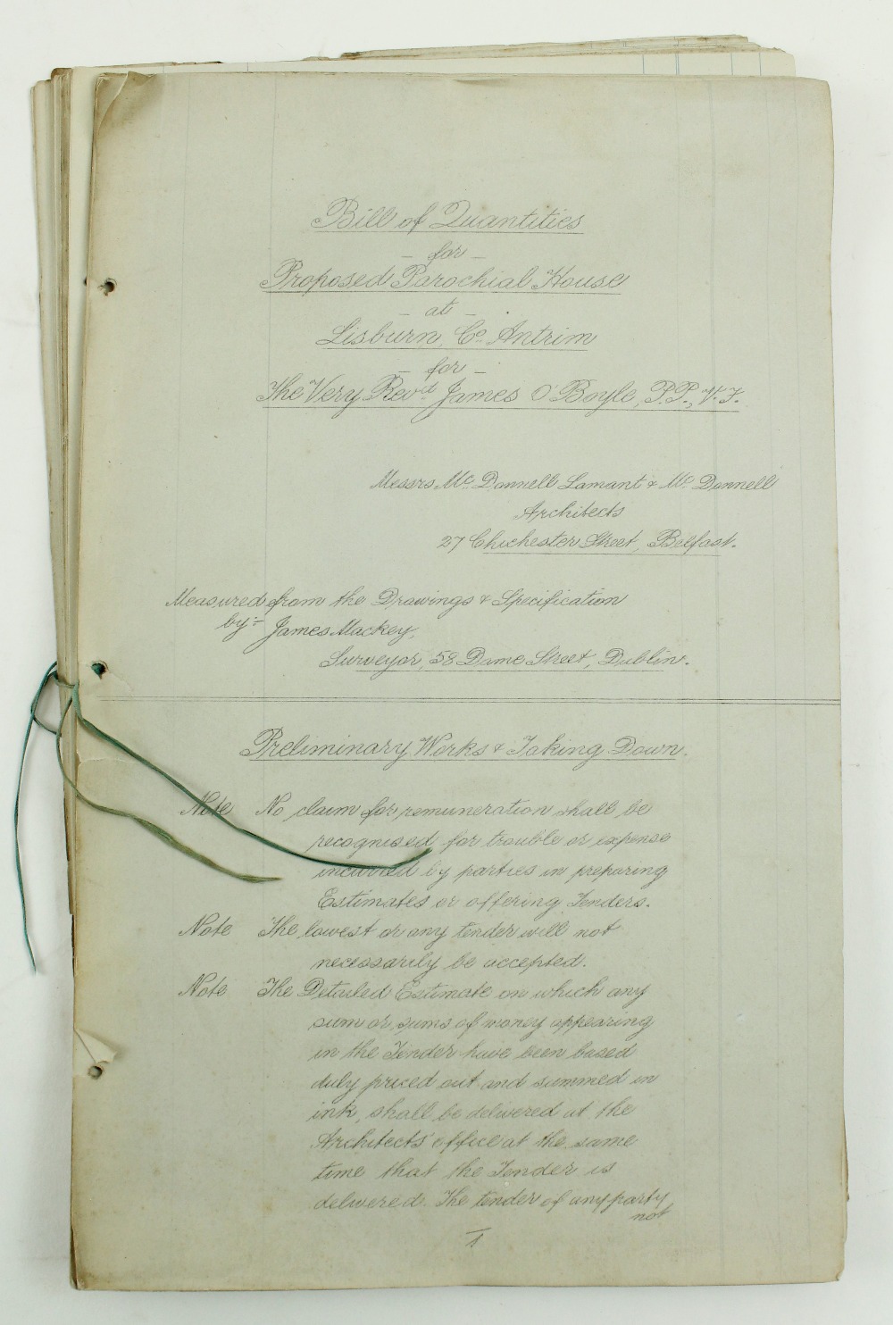 Co. Antrim interest: McDonnell, Lamant & Mc Donnell, Architects, Belfast. Bill of Quantities for