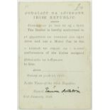 De Valera (Eamon) Pobalacht na h-Eireann. Irish Republic, a printed bilingual Car Pass dated 31st