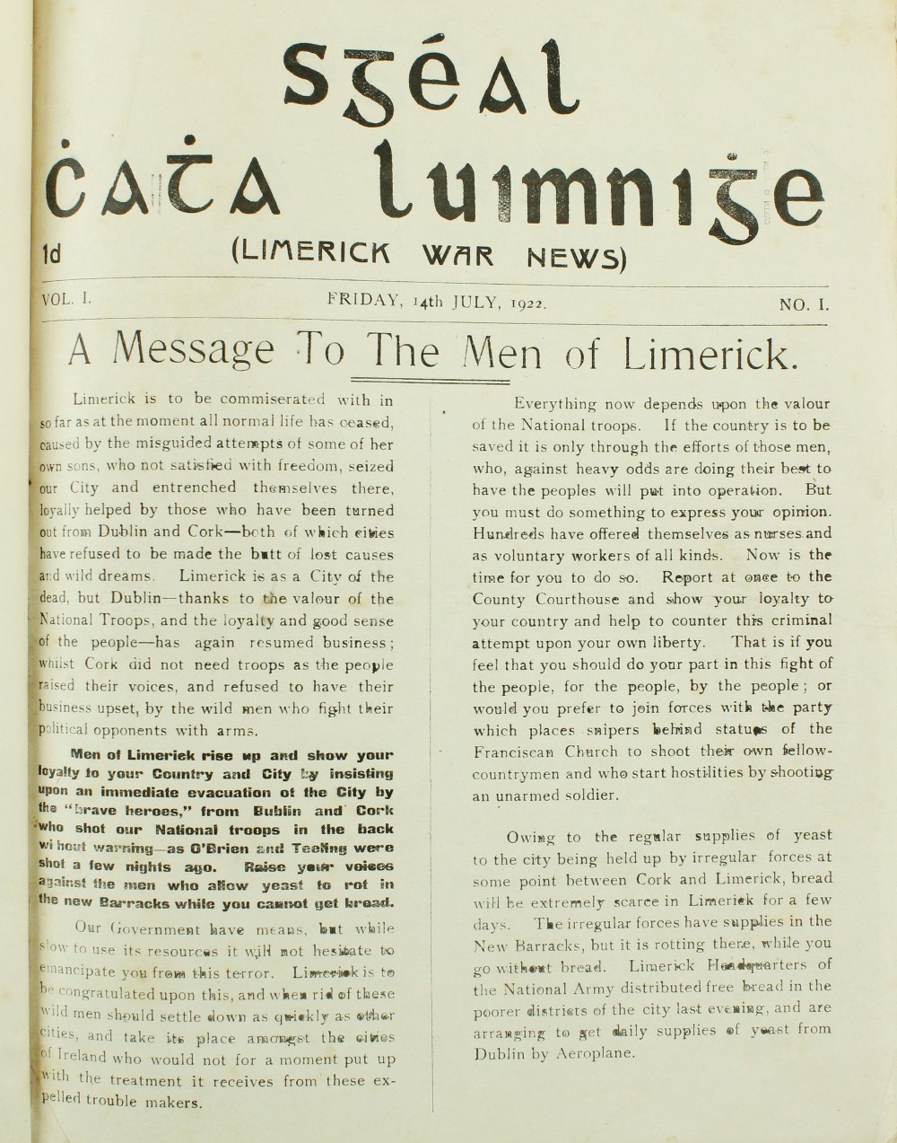 Excessively Rare Limerick Civil War Journal A Complete File Co. Limerick: Sgeala Chatha Luimnighe (