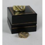 A 9ct gold Gentleman's Ring, with square platform, set with two diamonds; together with a smaller