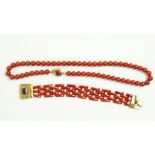 An attractive coral Necklace, with 56 beads, and gold oval clasp and inset coral, approx. 47 cms ;