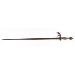 An unusual antique steel long Sword, with 32" blade, a later wooden grip with brass mounts, the hilt