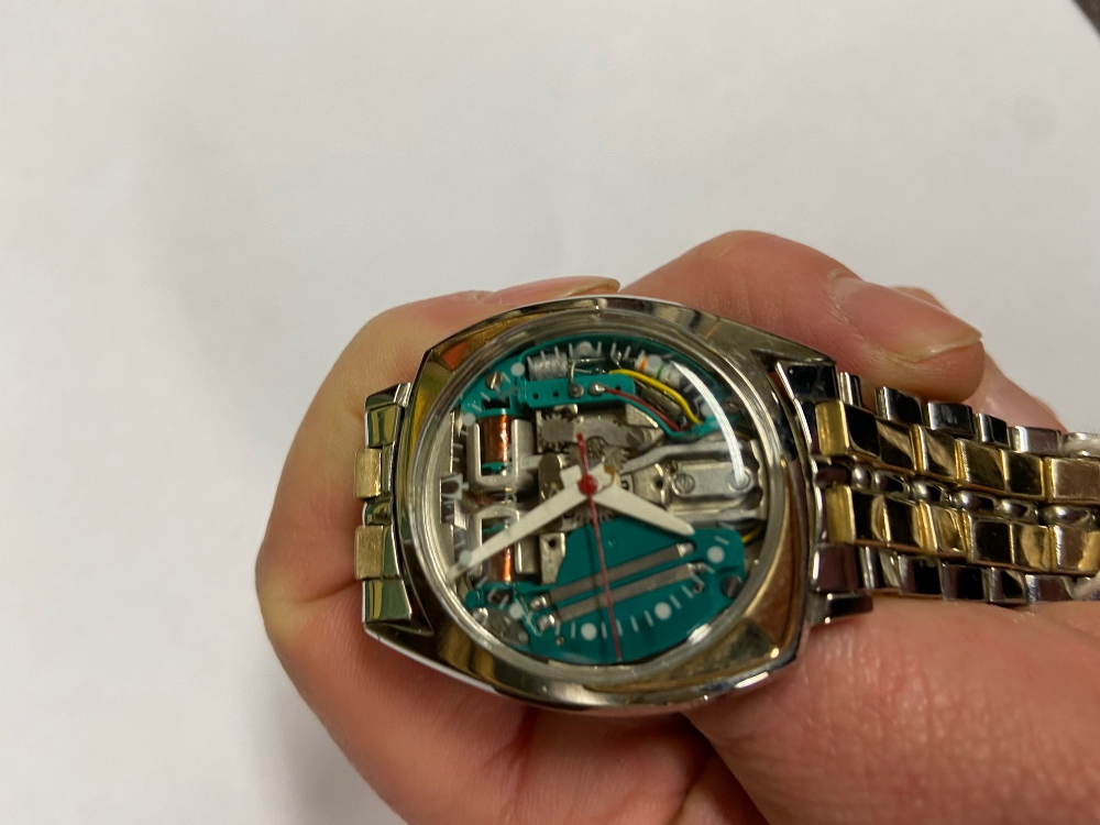 A "Bulova Accutron" Gentleman's space view timepiece, c. 1960's, with domed glass and exposed works, - Image 4 of 8