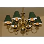 A six branch brass Ceiling Light, with S shaped branches and matching shades. (1)