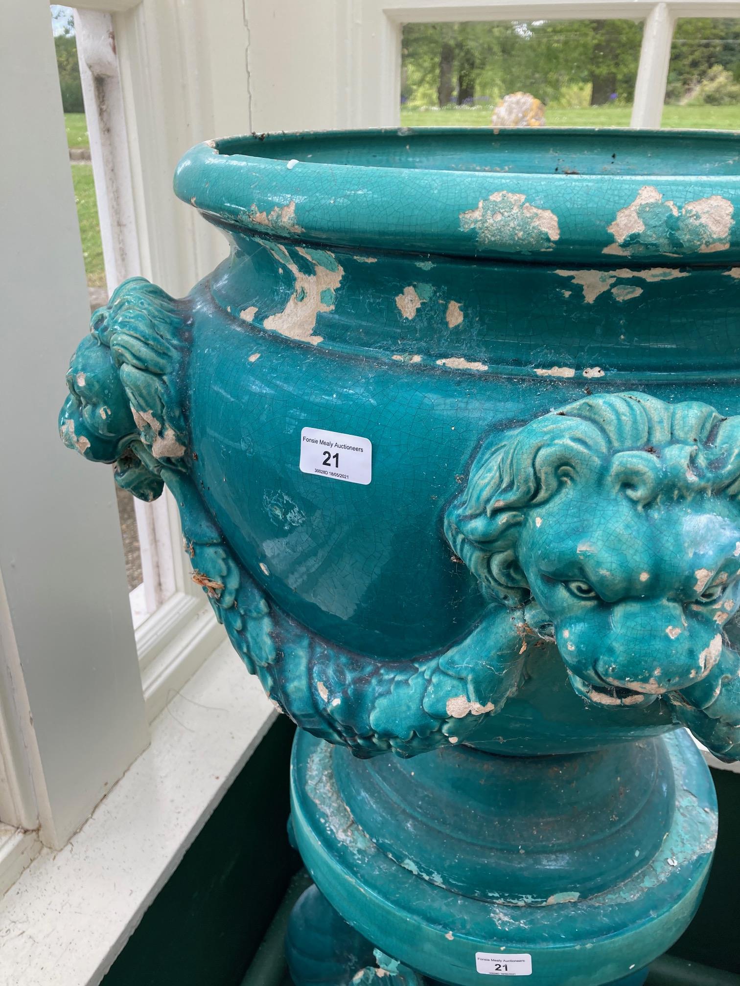 A pair of very large turquoise coloured glazed porcelain matching Urns and Stands, the urns with - Image 5 of 13