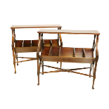A pair of Bedside Tables, of elongated style, with solid top above a compartmented book trough, on X