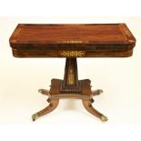An attractive Regency period fold-over rosewood and brass inlaid Card Table, on upward square