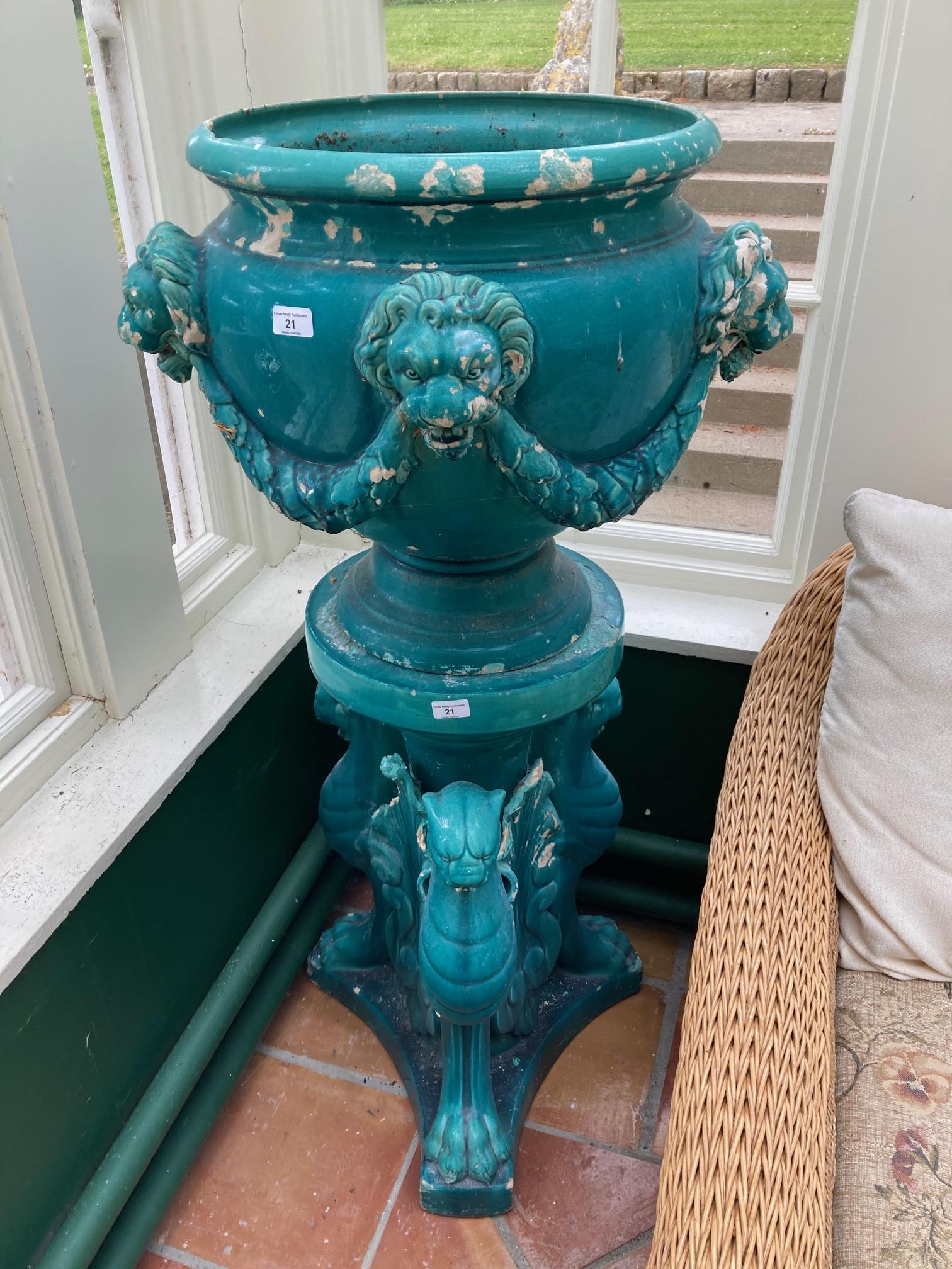 A pair of very large turquoise coloured glazed porcelain matching Urns and Stands, the urns with - Image 6 of 13