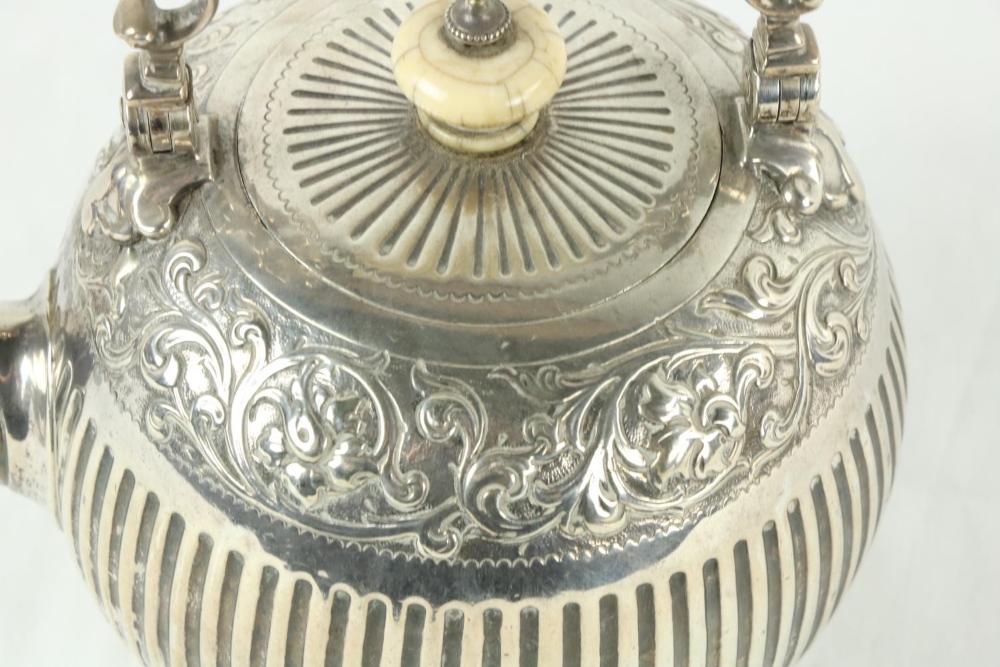 A Victorian silver half fluted Tea Kettle, of bulbous form with ivory handle and finial chased - Image 3 of 6