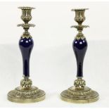 A pair of 19th Century cobalt blue porcelain and brass mounted Candlesticks, each with baluster stem