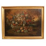 Late 18th Century Flemish School Still Life, a large "Colourful Basket of Flowers, with landscape