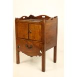 A good George III inlaid mahogany tray top Bedside Cupboard, with three-quarter gallery above two
