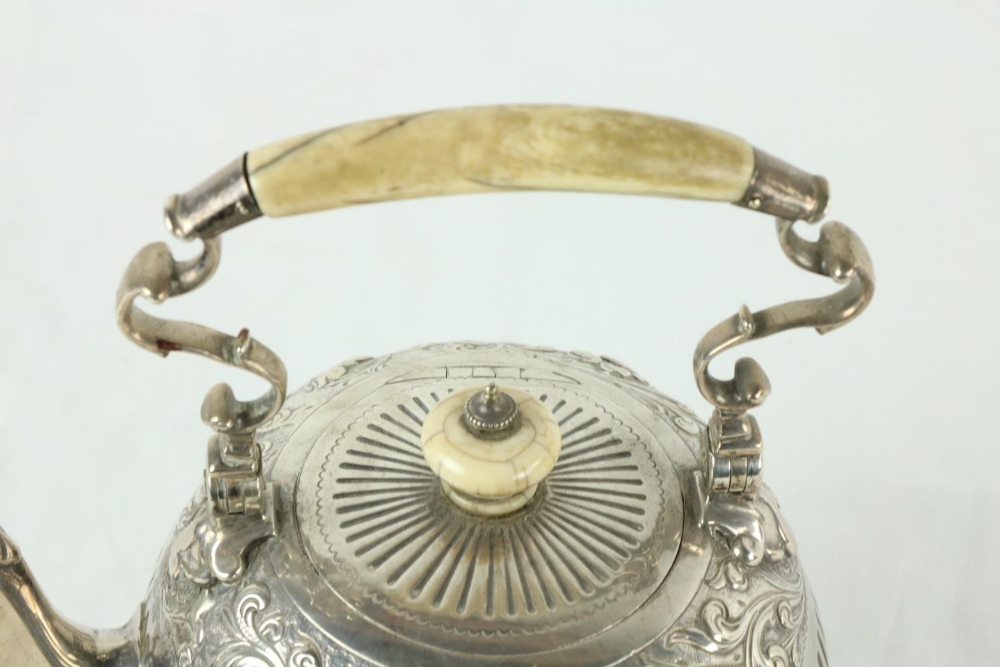 A Victorian silver half fluted Tea Kettle, of bulbous form with ivory handle and finial chased - Image 4 of 6