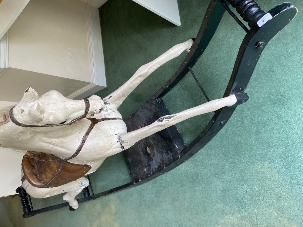 A good old Edwardian black and white painted wooden Rocking Horse, with leather saddle, 211cms (83") - Image 9 of 20