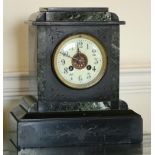 A Victorian slate marble Mantel Clock, with circular enamel dial on plinth base. (1)