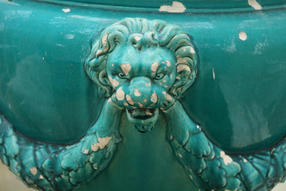 A pair of very large turquoise coloured glazed porcelain matching Urns and Stands, the urns with - Image 3 of 13