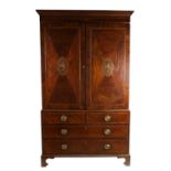 A very good George III period inlaid mahogany Linen Press / Wardrobe, the moulded cornice over two