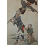 19th Century Chinese School "Peasant Farmer carrying a Scarecrow over his shoulder flanked by his