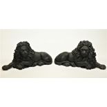 An unusual pair of heavy 19th Century cast iron Recumbent Lions, in form of Foot Scrapers, 13"h x