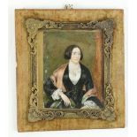 19th Century Irish SchoolMiniature Portrait of a seated lady in black dress and floral blouse, on