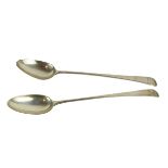 A pair of silver Serving Spoons, London 1774-5, John Loutier?, 28cms long. (2)