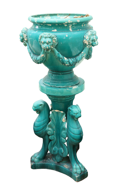 A pair of very large turquoise coloured glazed porcelain matching Urns and Stands, the urns with - Image 4 of 13