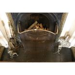 A set of 3 brass Fire Irons, brass frame Triptych, firescreen, pair of brass fire dogs, an