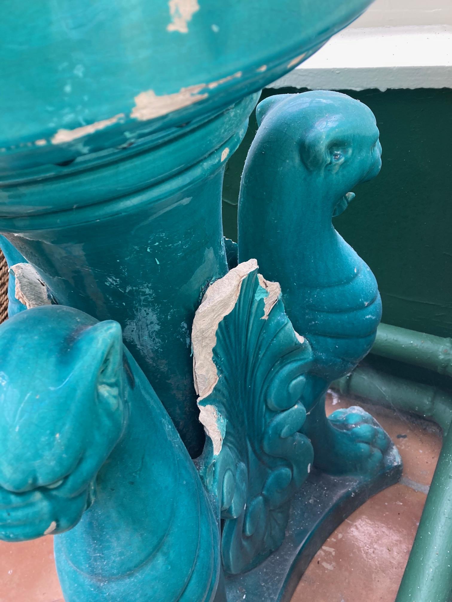 A pair of very large turquoise coloured glazed porcelain matching Urns and Stands, the urns with - Image 11 of 13