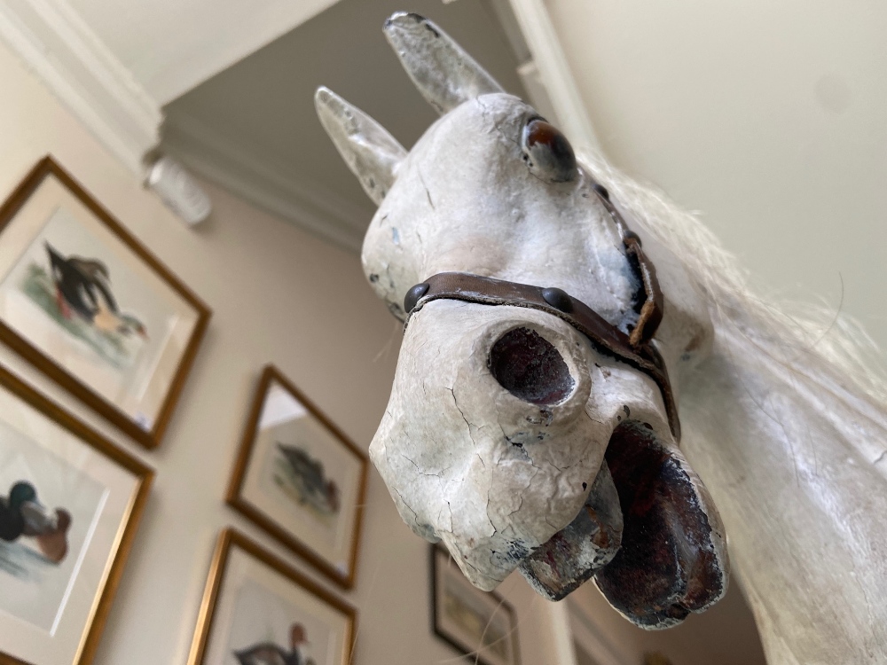 A good old Edwardian black and white painted wooden Rocking Horse, with leather saddle, 211cms (83") - Image 16 of 20