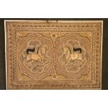 A rectangular Indian Needlework Panel, with gilt threads, the two oval panels with galloping