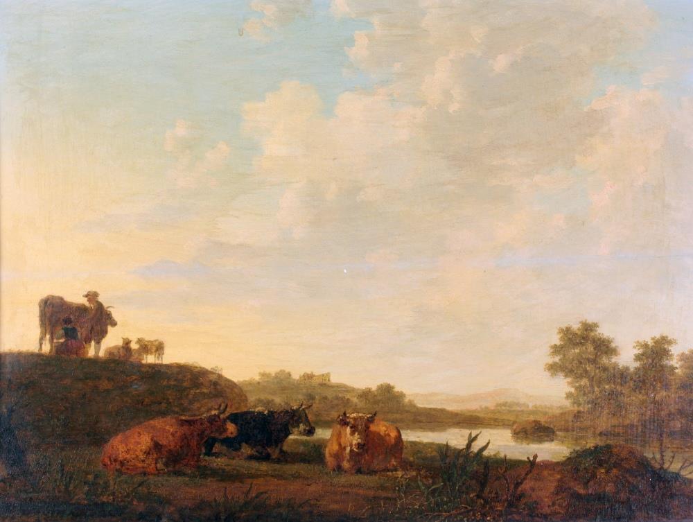 Follower of Aelbert Cuyp, Dutch (1620 - 1691)"Cattle Resting by a Riverside," a Romantic Landscape