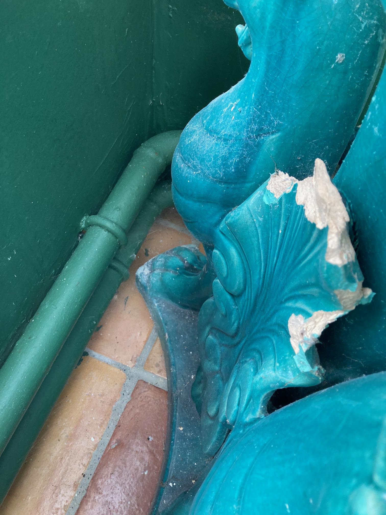 A pair of very large turquoise coloured glazed porcelain matching Urns and Stands, the urns with - Image 12 of 13