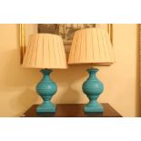 A pair of Italian Fenlano turquoise ground porcelain Lamps, of bulbous form on square stem bases,