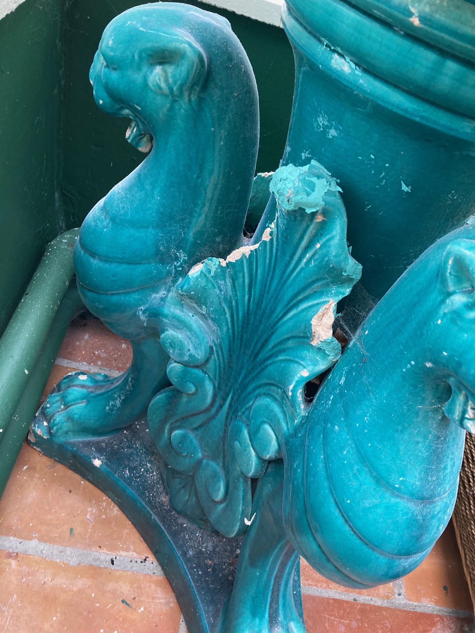A pair of very large turquoise coloured glazed porcelain matching Urns and Stands, the urns with - Image 8 of 13