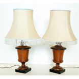 A pair of urn shaped wooden Table Lamps, on plinth bases, 51cms (20") high. (2)