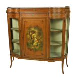 A fine Edwardian decorated satinwood Vitrine, with three quarter brass gallery, the frieze painted